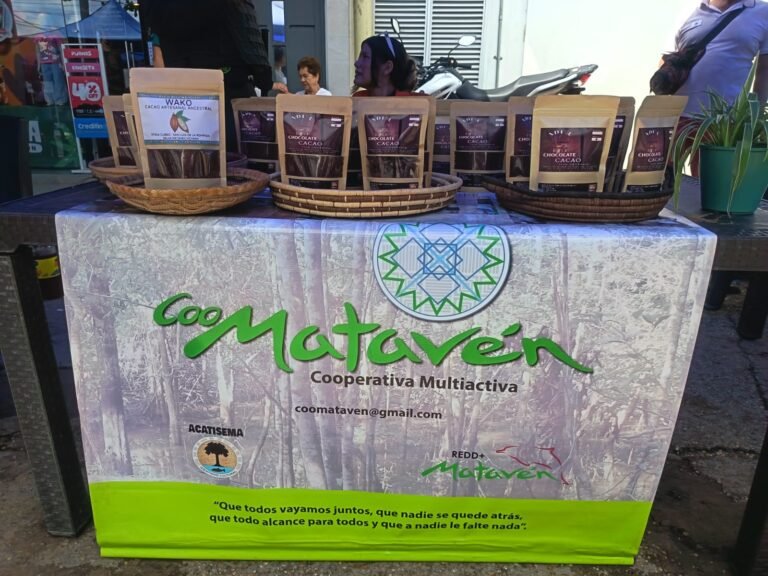 Coomatavén stand at the Economía para la Vida event in Inírida showcasing sustainable agroforestry cocoa
